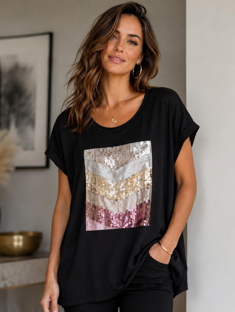 💙 Laura -  NWOT Black Short Sleeve Tee with Multicolor Sequin Chevron Panel